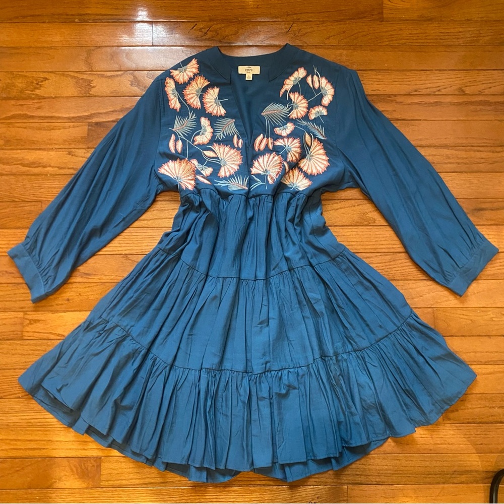 Blue Babydoll Dress with‎ Floral Embroidery